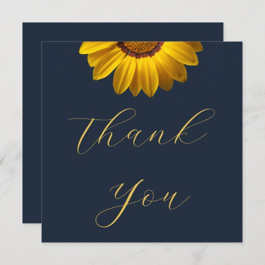 ネイビーブルーの花に黄色の花の背景モノグラム サンキューカード (正面/裏面)