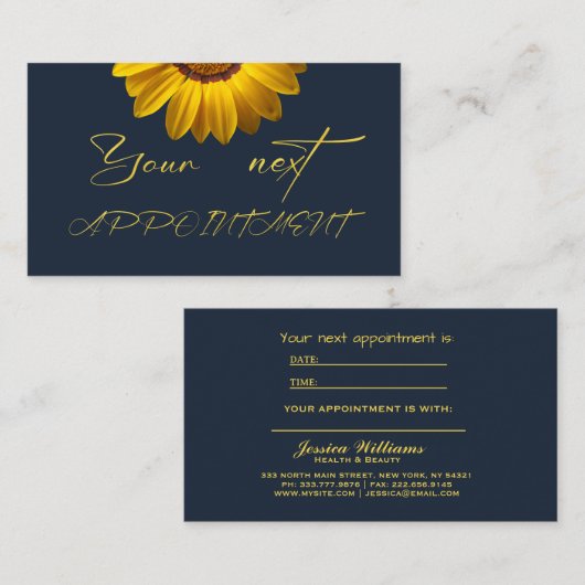 ネイビーブルーの花に黄色の花の背景モノグラム 予約カード (正面/裏面)