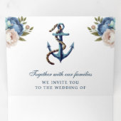 ネイビーブルーの花のアンカーオールインワンQRコードウェディング 三つ折り招待状 (内部最初)