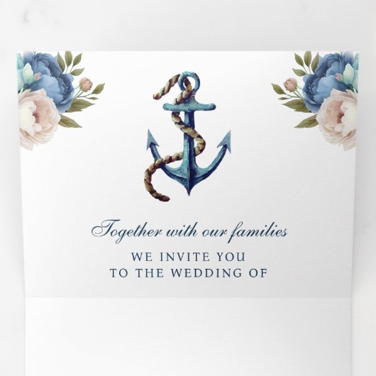 ネイビーブルーの花のアンカーオールインワンQRコードウェディング 三つ折り招待状 (内部最初)
