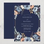 ネイビーブルーの花のアーチの結婚式 招待状 (正面/裏面)