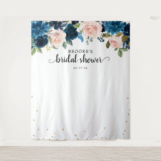 ネイビーブルーの花のウェディングシャワーの写真用背景 タペストリー (正面)