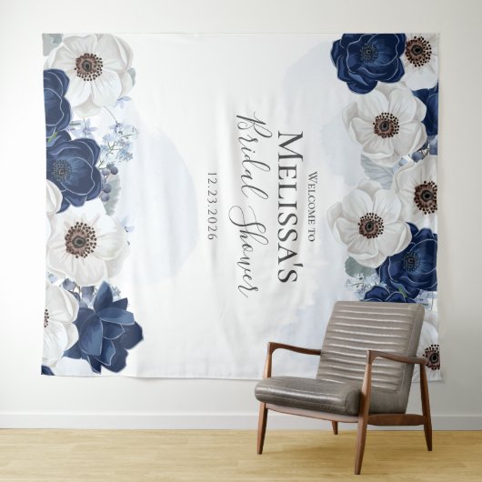 ネイビーブルーの花のウェディングシャワー・ウォーターカラー タペストリー (インサイチュ(横))