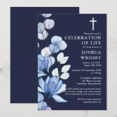 ネイビーブルーの花のキリスト教のお別れと追悼の式の案内 招待状 (正面/裏面)