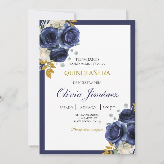 ネイビーブルーの花のクィンセañera  招待状 (正面)
