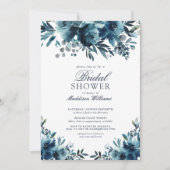 ネイビーブルーの花のクラシカルな結婚式前祝賀会 招待状 (正面)