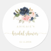 ネイビーブルーの花のゴールドのウェディングシャワーのお礼品 ラウンドシール (正面)
