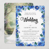 ネイビーブルーの花のシンプルな結婚式 招待状 (正面/裏面)
