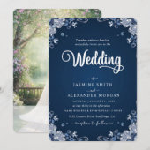 ネイビーブルーの花のシンプルな結婚式 招待状 (正面/裏面)