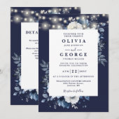 ネイビーブルーの花のストリングライトQRコード結婚式 招待状 (正面/裏面)