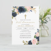 ネイビーブルーの花のデザインが美しい初聖体拝領の招待状 招待状 (スタンド正面)
