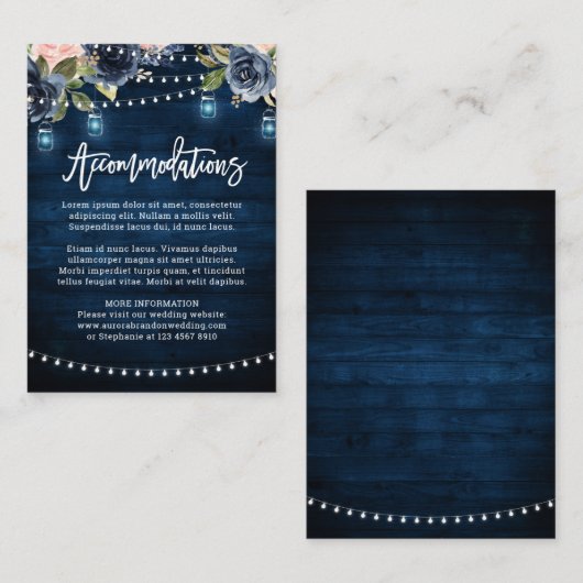 ネイビーブルーの花のラスティックなストリングライトの宿泊施設 エンクロージャーカード (正面/裏面)
