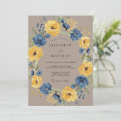 ネイビーブルーの花のラスティックウェディング 招待状 (スタンド正面)