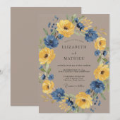 ネイビーブルーの花のラスティックウェディング 招待状 (正面/裏面)