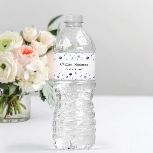 ネイビーブルーの花の卒業式 ペットボトルラベル