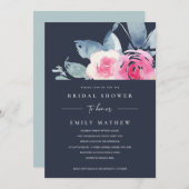 ネイビーブルーの花の水彩ウェディングシャワー 招待状 (正面/裏面)