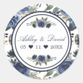 ネイビーブルーの花の水彩結婚式のお礼 ラウンドシール (正面)