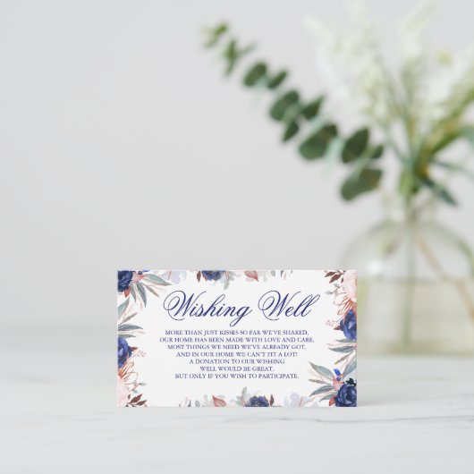 ネイビーブルーの花の結婚式の願い井戸 エンクロージャーカード (スタンド正面)