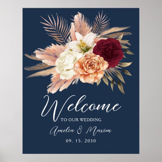 ネイビーブルーの花の結婚式ウェルカムサイン ポスター (正面)