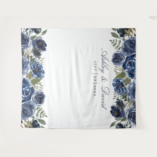 ネイビーブルーの花の結婚式写真ブース背景 タペストリー (正面(横))