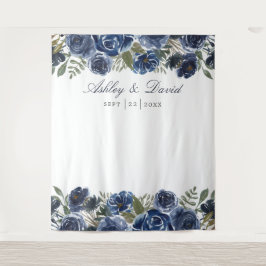 ネイビーブルーの花の結婚式写真ブース背景 タペストリー