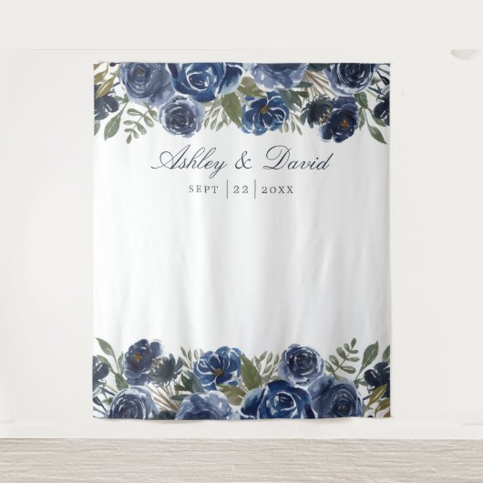 ネイビーブルーの花の結婚式写真ブース背景 タペストリー (正面)