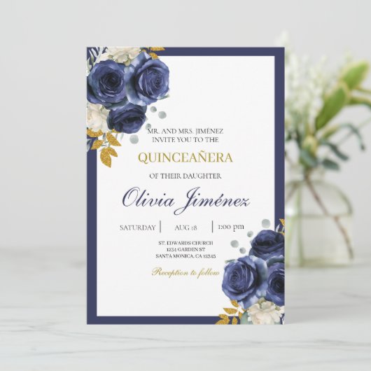 ネイビーブルーの花キンセアニラ 招待状 (スタンド正面)