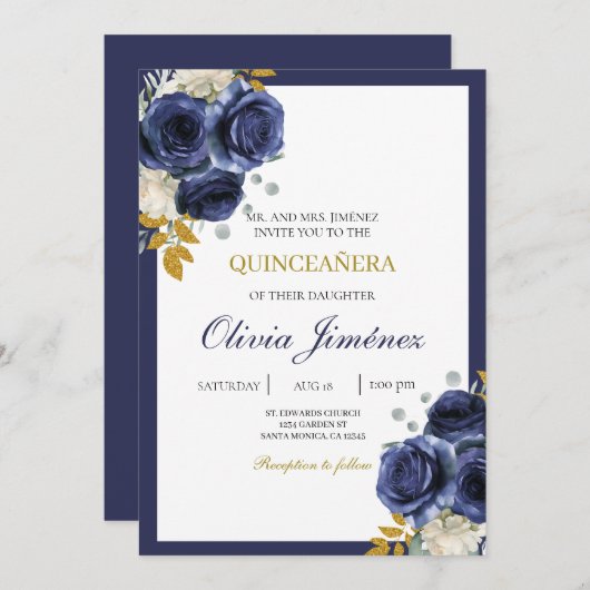 ネイビーブルーの花キンセアニラ 招待状 (正面/裏面)