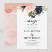 ネイビーブルーの花嫁のゴールドフラワーブラッシュ 予定変更 招待状 (正面/裏面)