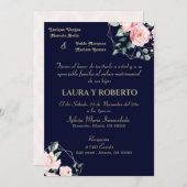 ネイビーブルーの花嫁の顔に花を添えた結婚式の招待状（スペイン語） 招待状 (正面/裏面)