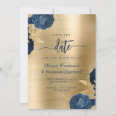 ネイビーブルーの花束 ゴールド グラム 結婚式 Save the Date 招待状 (正面)