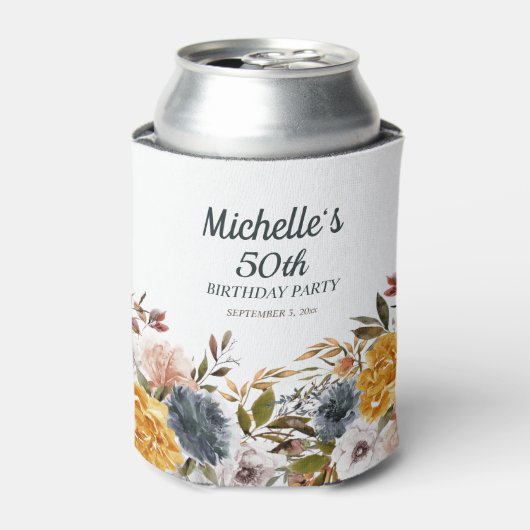 ネイビーブルーの花柄とイエローの50歳の誕生日 缶クーラー (缶正面)