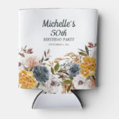 ネイビーブルーの花柄とイエローの50歳の誕生日 缶クーラー (正面)