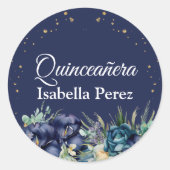 ネイビーブルーの花柄とゴールドのグリッターが輝くキンセアニエラ(15歳の誕生日のお祝い) ラウンドシール (正面)