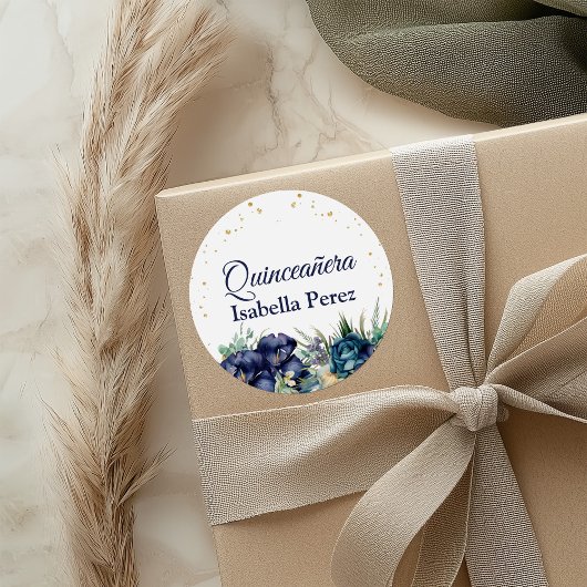ネイビーブルーの花柄とゴールドのグリッターが輝くキンセアニエラ（15歳の誕生日のお祝い） ラウンドシール