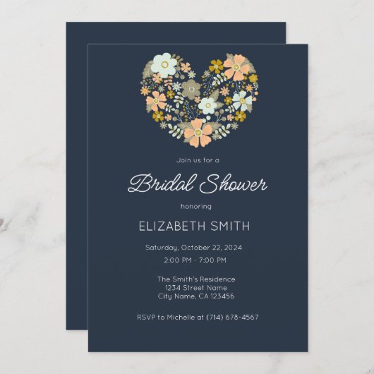 ネイビーブルーの花柄のウェディング招待状テンプレート 招待状 (正面/裏面)