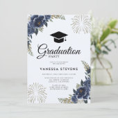 ネイビーブルーの花柄の卒業キャップパーティー 招待状 (スタンド正面)