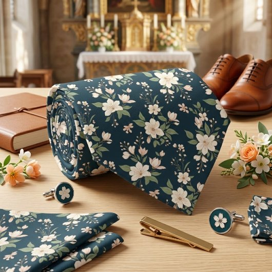 ネイビーブルーの花柄の白い花弁 ネクタイ