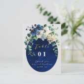 ネイビーブルーの花柄の結婚式テーブルナンバー (スタンド正面)