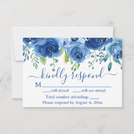 ネイビーブルーの花柄の結婚式返信カード サンキューカード