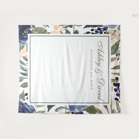 ネイビーブルーの花柄ウォーターカラーの写真撮影用背景 タペストリー (正面(横))