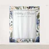 ネイビーブルーの花柄ウォーターカラーの写真撮影用背景 タペストリー (正面)