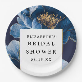 ネイビーブルーの花柄エレガントモダンなブライズシャワー ペーパープレート