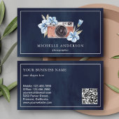 ネイビーブルーの花柄カメラQRコードカメラマン 名刺