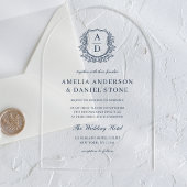 ネイビーブルーの花柄クレストモノグラムウェディングエレガント アクリル招待状