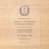 ネイビーブルーの花柄クレストモノグラムウェディングエレガント アクリル招待状 (正面)