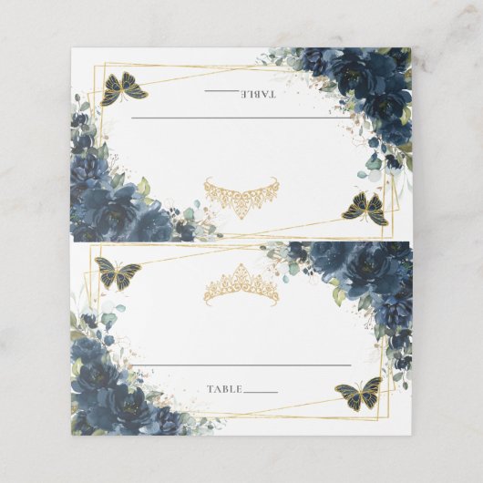 ネイビーブルーの花柄ゴールドのキンセアニエラ 16歳の誕生日 プレイスカード (外部開封)