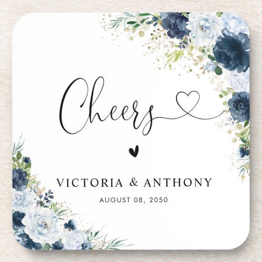 ネイビーブルーの花柄スクエアウェディングコースター コースター (正面)