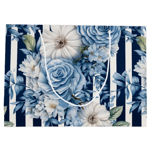 ネイビーブルーの花柄ストライプのブライズシャワー ラージペーパーバッグ (裏面)