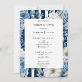 ネイビーブルーの花柄ストライプのブライズシャワー 招待状 (正面)